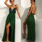 NOUA rochie moderna de dama cu bretele subtiri si paiete in verde