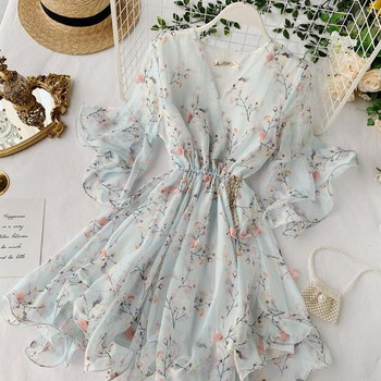 Rochie de dama cu maneci lotus si talie elastica in doua culori