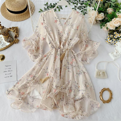 Rochie de dama cu maneci lotus si talie elastica in doua culori