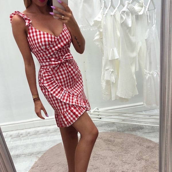 Rochie elegantă de damă, cu bretele subțiri și decolteu adânc, în roșu și albastru