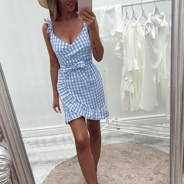 Rochie elegantă de damă, cu bretele subțiri și decolteu adânc, în roșu și albastru