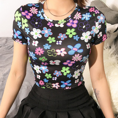 Bluză scurtă de damă modernă cu model floral în negru