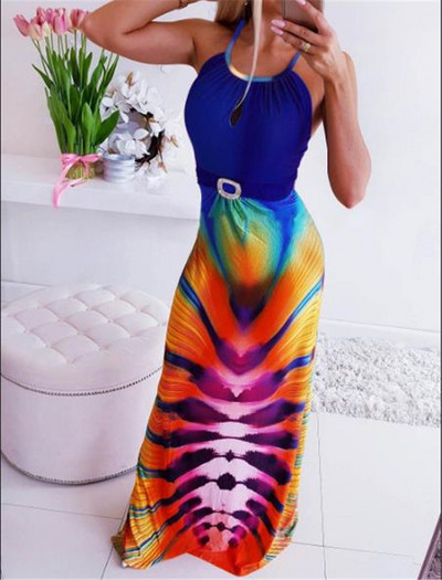 Rochie lunga de dama cu model colorat si spate gol