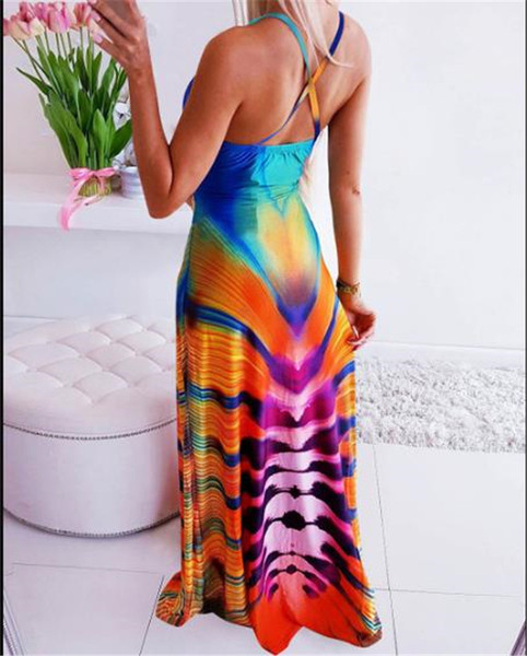 Rochie lunga de dama cu model colorat si spate gol