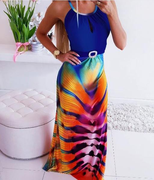 Rochie lunga de dama cu model colorat si spate gol