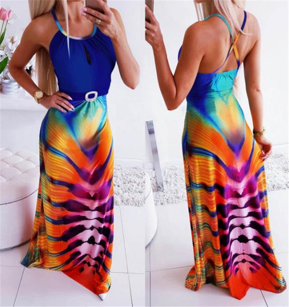 Rochie lunga de dama cu model colorat si spate gol