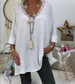 Bluză de damă modernă cu mâneci 3/4 și dantelă în alb