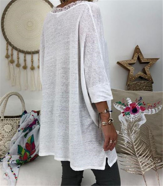 Bluză de damă modernă cu mâneci 3/4 și dantelă în alb