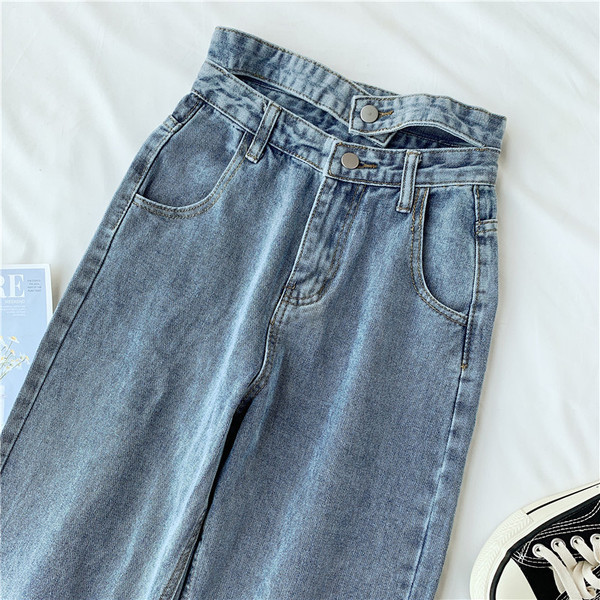 Blugi largi de dama cu talie inalta