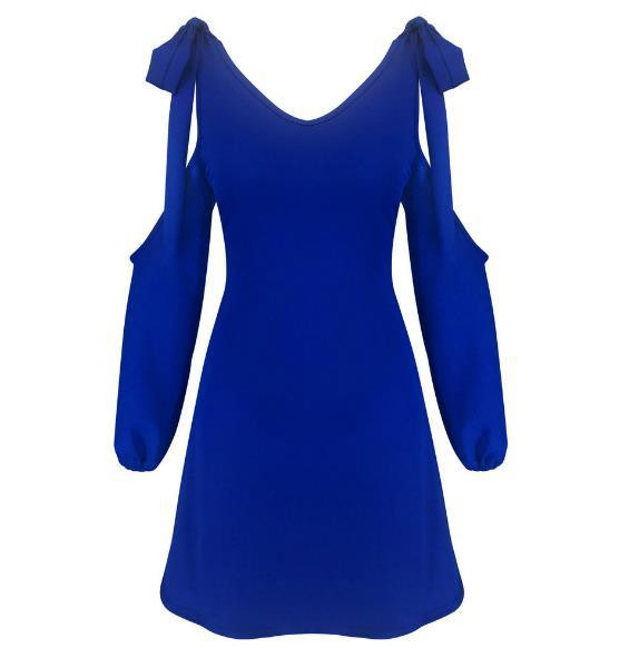 Rochie moderna de dama cu umerii goi si panglica in albastru