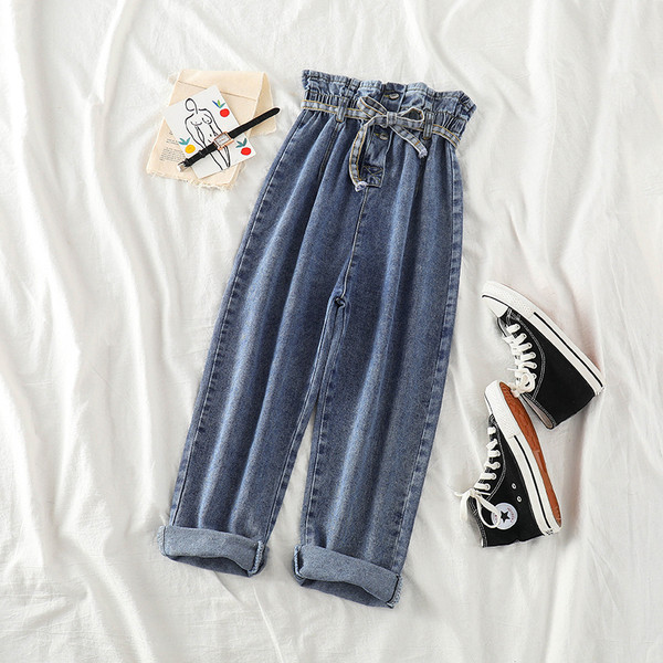 Blugi de damă topici cu talie înaltă și legături în talie