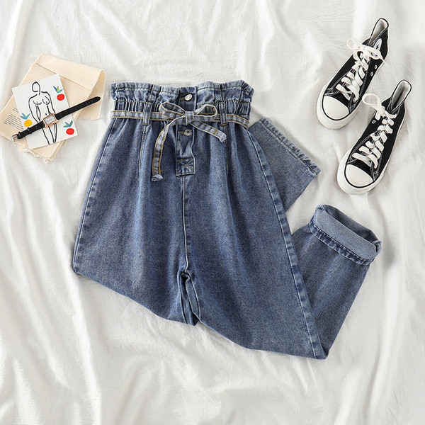 Blugi de damă topici cu talie înaltă și legături în talie