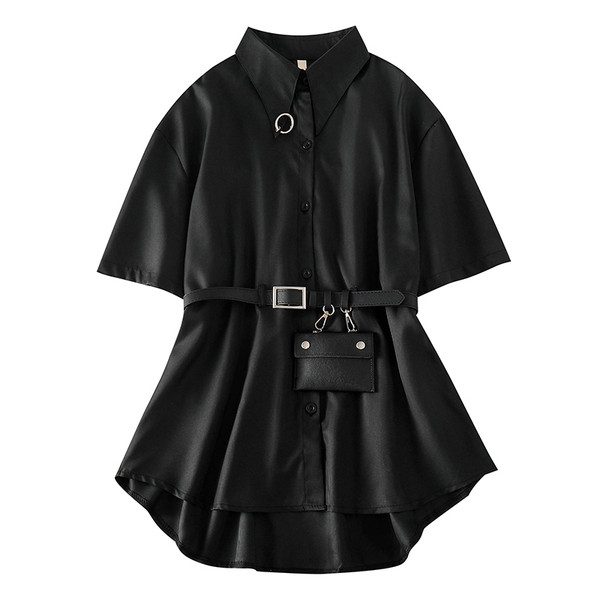 Cămașă modernă de damă cu mâneci scurte și curea de culoare neagră