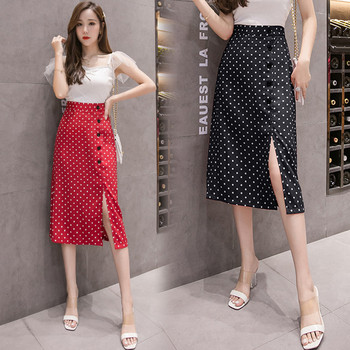 Fusta de dama moderna in negru si rosu, cu fanta