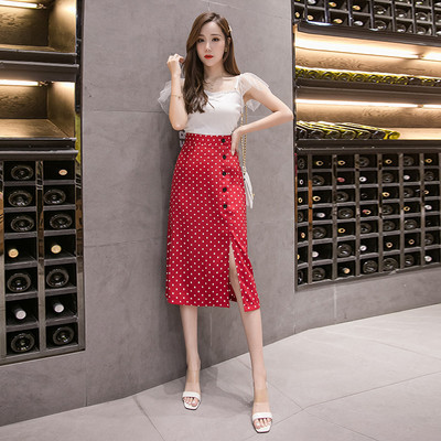 Fusta de dama moderna in negru si rosu, cu fanta