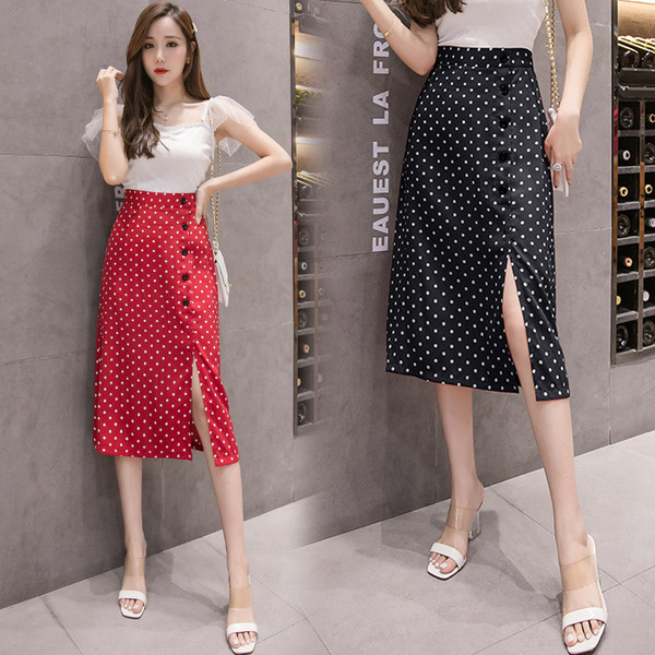 Fusta de dama moderna in negru si rosu, cu fanta