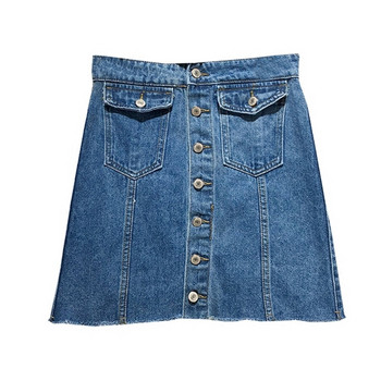 Fusta asimetrica din denim cu buzunare in albastru