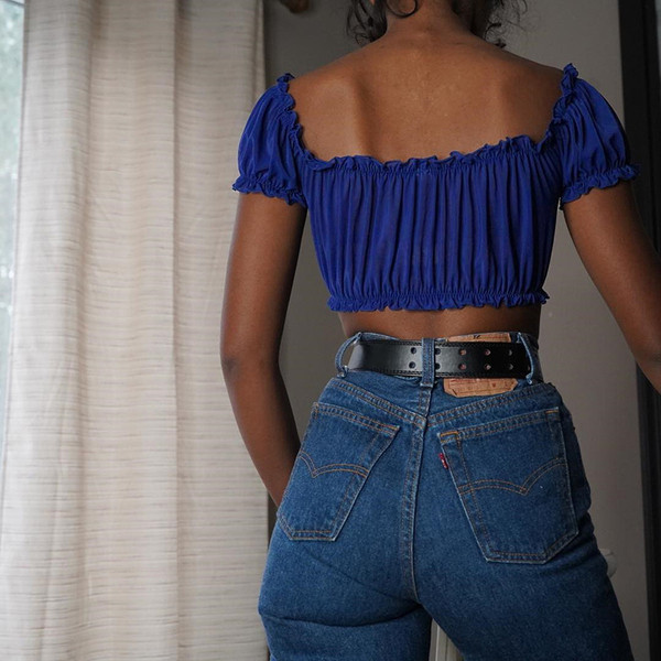 Bluză scurtă casual de damă în albastru