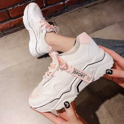 Tenisi moderni de damă cu toc înalt în alb, cu șireturi