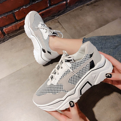 Adidasi moderni de dama cu sireturi si plasa in alb