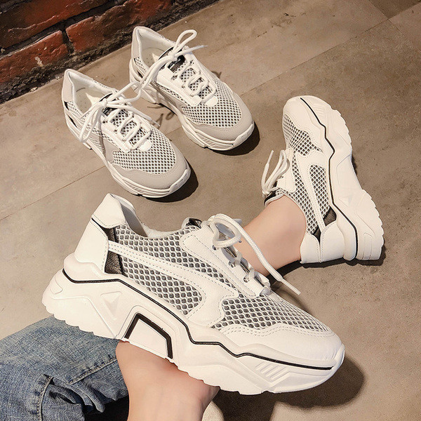 Adidasi moderni de dama cu sireturi si plasa in alb