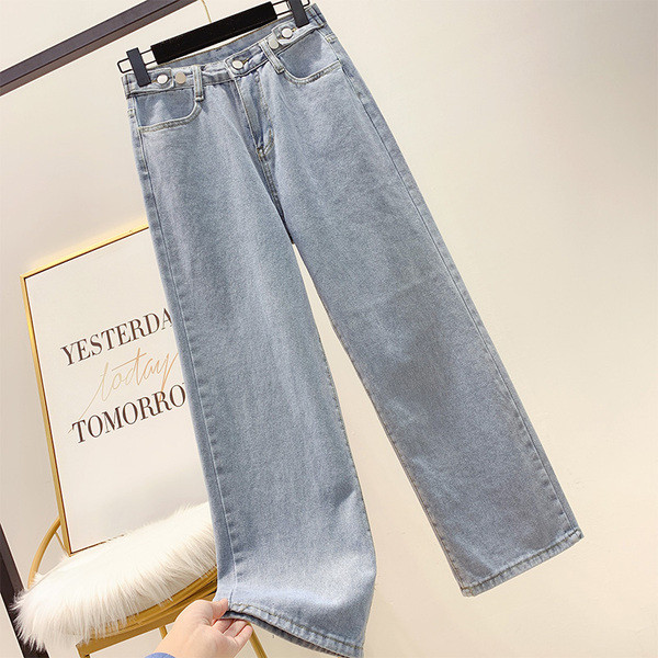 Blugi largi de dama cu talie inalta in albastru