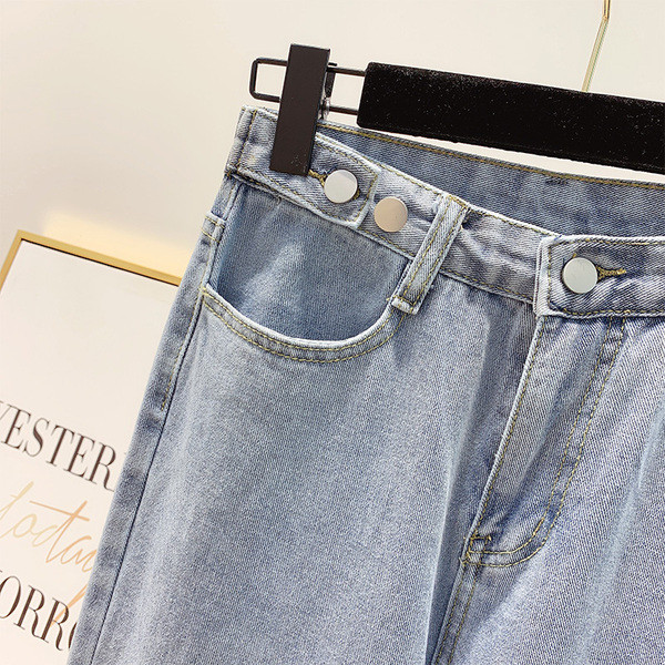 Blugi largi de dama cu talie inalta in albastru