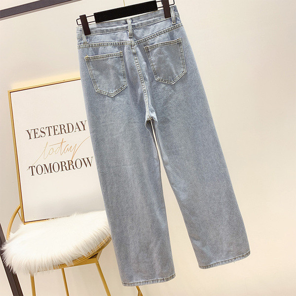 Blugi largi de dama cu talie inalta in albastru