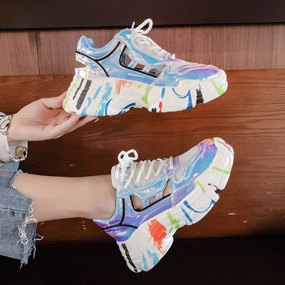 Tenisi moderni de dama cu sireturi si talpa groasa in doua culori