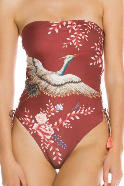 Μοντέρνο Ολόσωμο γυναικείο μαγιό με κορδόνια  με κόκκινο χρώμα