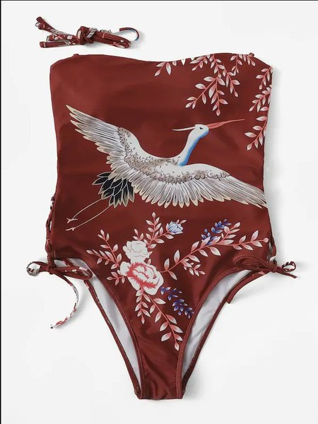 Μοντέρνο Ολόσωμο γυναικείο μαγιό με κορδόνια  με κόκκινο χρώμα