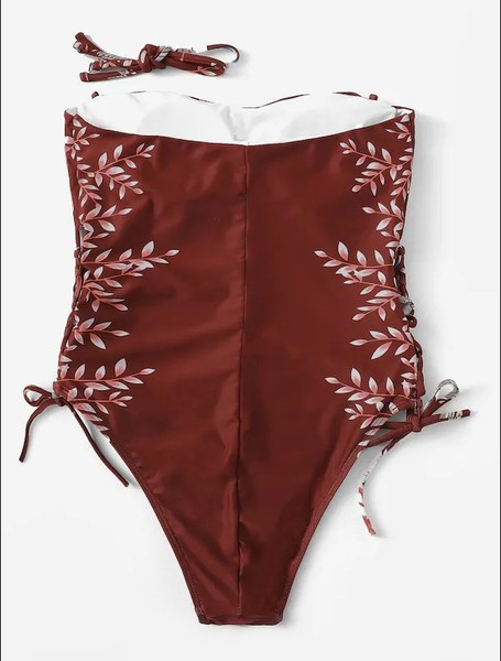 Μοντέρνο Ολόσωμο γυναικείο μαγιό με κορδόνια  με κόκκινο χρώμα