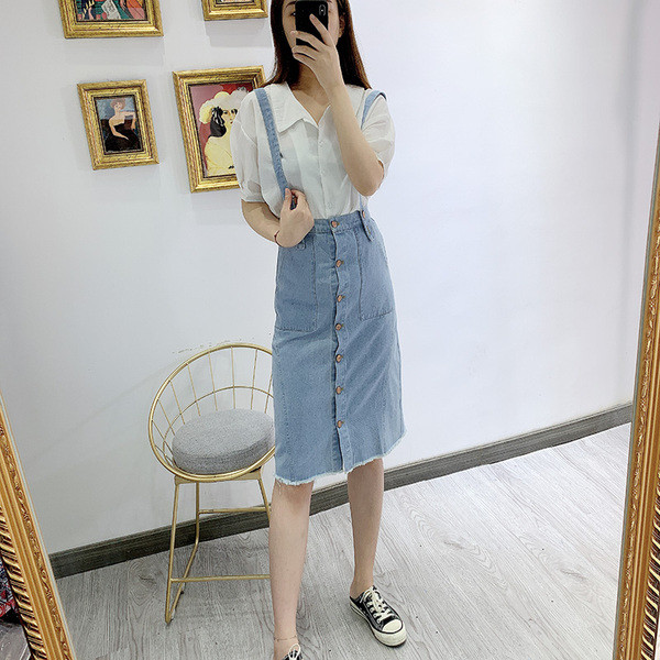 Fusta de dama din denim cu bretele albastre