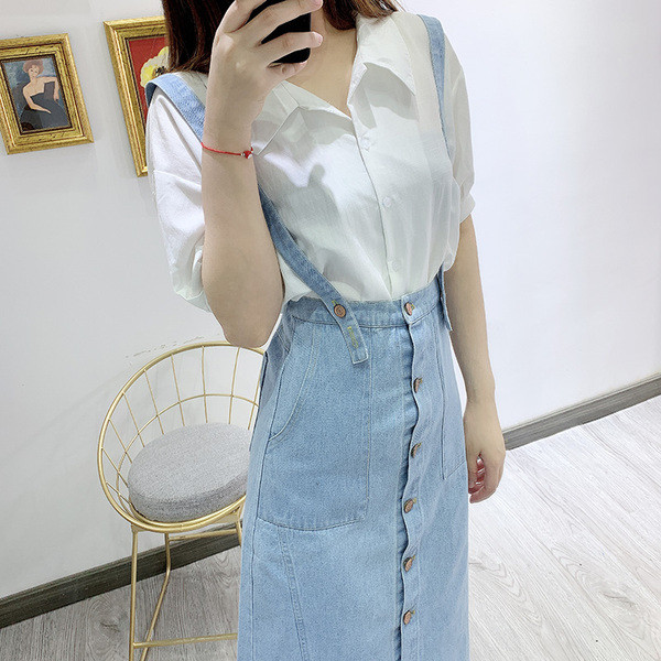 Fusta de dama din denim cu bretele albastre