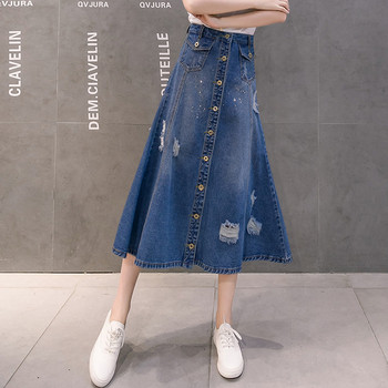 Fusta casual de dama din denim decupata cu talie inalta