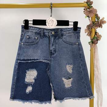 Fusta de dama din denim cu motiv rupt si crapatura de culoare albastra