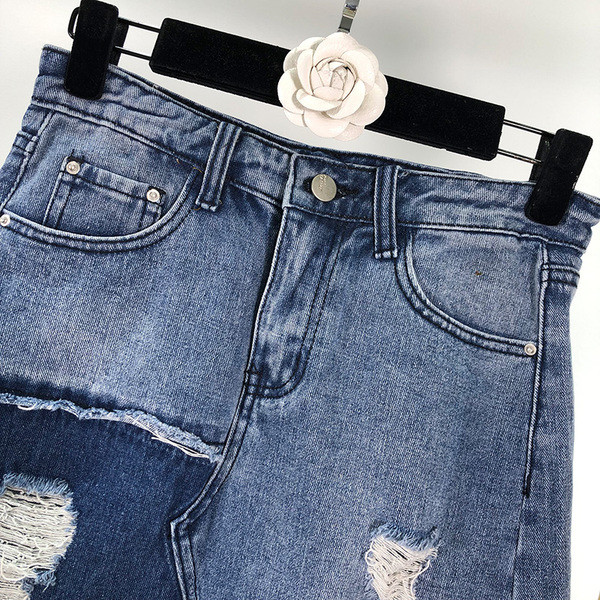 Fusta de dama din denim cu motiv rupt si crapatura de culoare albastra