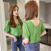 Cămașă modernă de damă cu mâneci scurte - de culoare verde