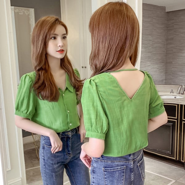 Cămașă modernă de damă cu mâneci scurte - de culoare verde