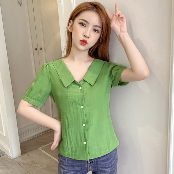 Cămașă modernă de damă cu mâneci scurte - de culoare verde
