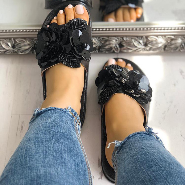 NOI papuci moderni de dama cu paiete si element 3D in trei culori