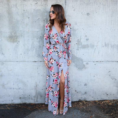 Μοντέρνο γυναικείο μακρύ φόρεμα με φλοράλ τύπωμα σε τρία χρώματα