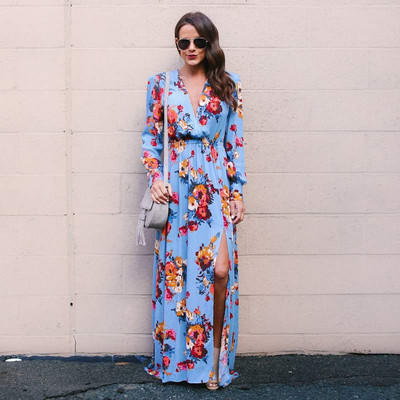 Μοντέρνο γυναικείο μακρύ φόρεμα με φλοράλ τύπωμα σε τρία χρώματα