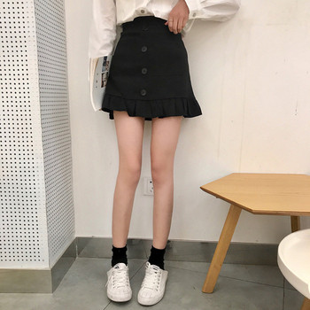 Fusta de dama moderna cu talie inalta si nasturi in negru si maro