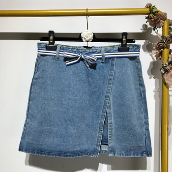 Fusta scurta din denim cu crapata si cravate in talie