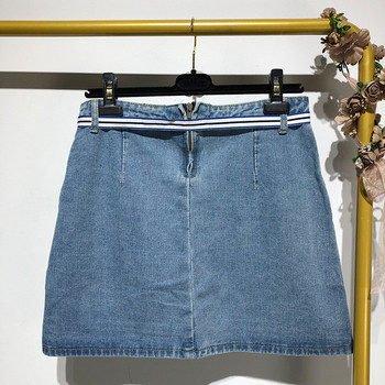 Fusta scurta din denim cu crapata si cravate in talie