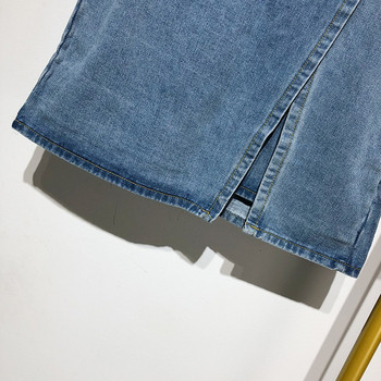 Fusta scurta din denim cu crapata si cravate in talie