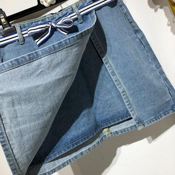 Fusta scurta din denim cu crapata si cravate in talie