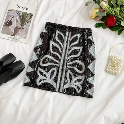 Fusta de dama moderna in alb-negru cu paiete