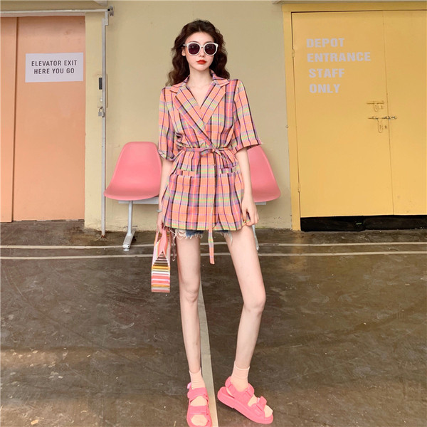 Цветно дамско сако с 3/4 ръкав и връзки на талията